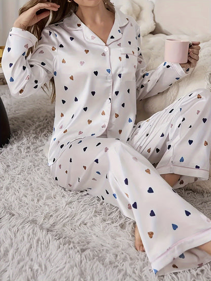 Women's Heart Shape Printed Satin Casual Pajamas Suit，Long Sleeve Button Polo Collar Top and Pants，Autumn Comfortable Loose Style