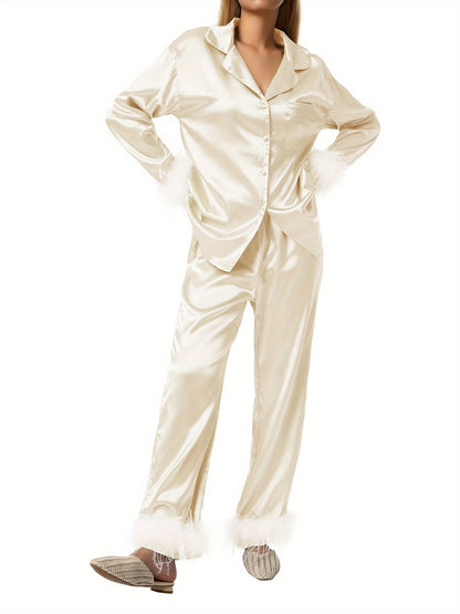 Women's Luxury Satin Pajamas Suit，with Feather Details - Long Sleeve Button Top and Elastic Belt Pants，Four Seasons Comfortable Pajamas