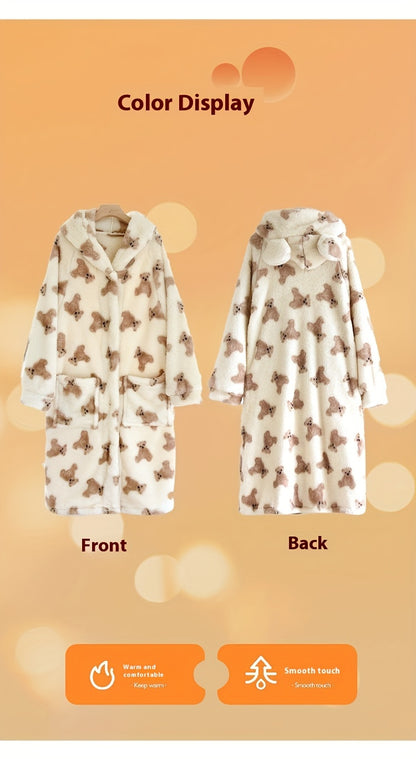 A Comfortable Suede Long-Sleeved Pajamas with Cartoon Bear Print，with Hat and Pocket Homewear，Fall winter fashion，Adult Size