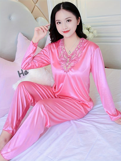 Women's Autumn and Winter Long-Sleeved Lace Satin Pajama Pants Suit，Fashion Comfortable Pajamas Suit，2Pajamas Set，Elegant Style，Autumn and Winter