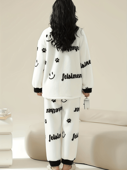 Women's Comfortable Fleece Lined Pajamas Suit，with Happy Face and Letter Printing - Long Sleeve Zip Top and Pants，Autumn and Winter Warm Loungewear