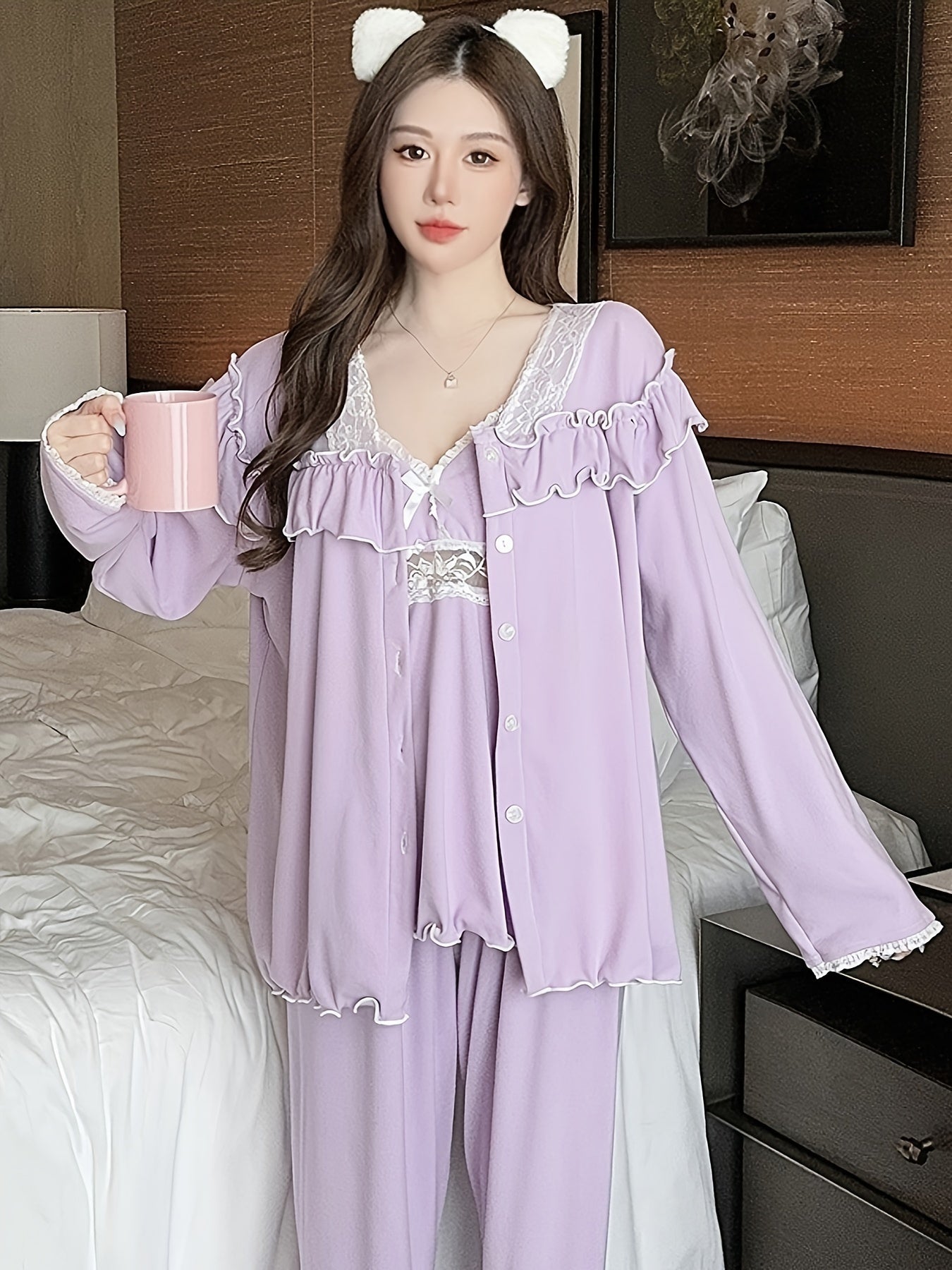 Autumn and Winter Thickening Velvet Long-Sleeved Trousers Lace-up Women's Pajamas Three-Piece Suit Pure Desire Style Sexy Lace Homewear