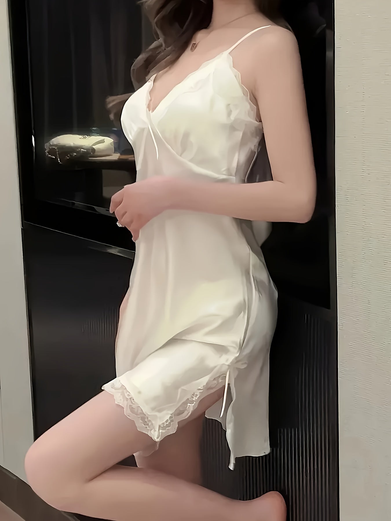 Lady Sexy Solid Color Satin Lace Skirt Pajamas，V Collar Backless Slip Dress，Comfortable Pajamas