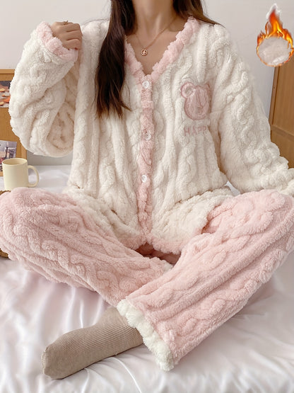 【Customer Favorite】Comfortable Fleece Women's Pajama Suit，with Cute Bear and Letter Pattern - Casual Long-Sleeved Top and Pants，Winter Non-Retractable Polyester Pajamas