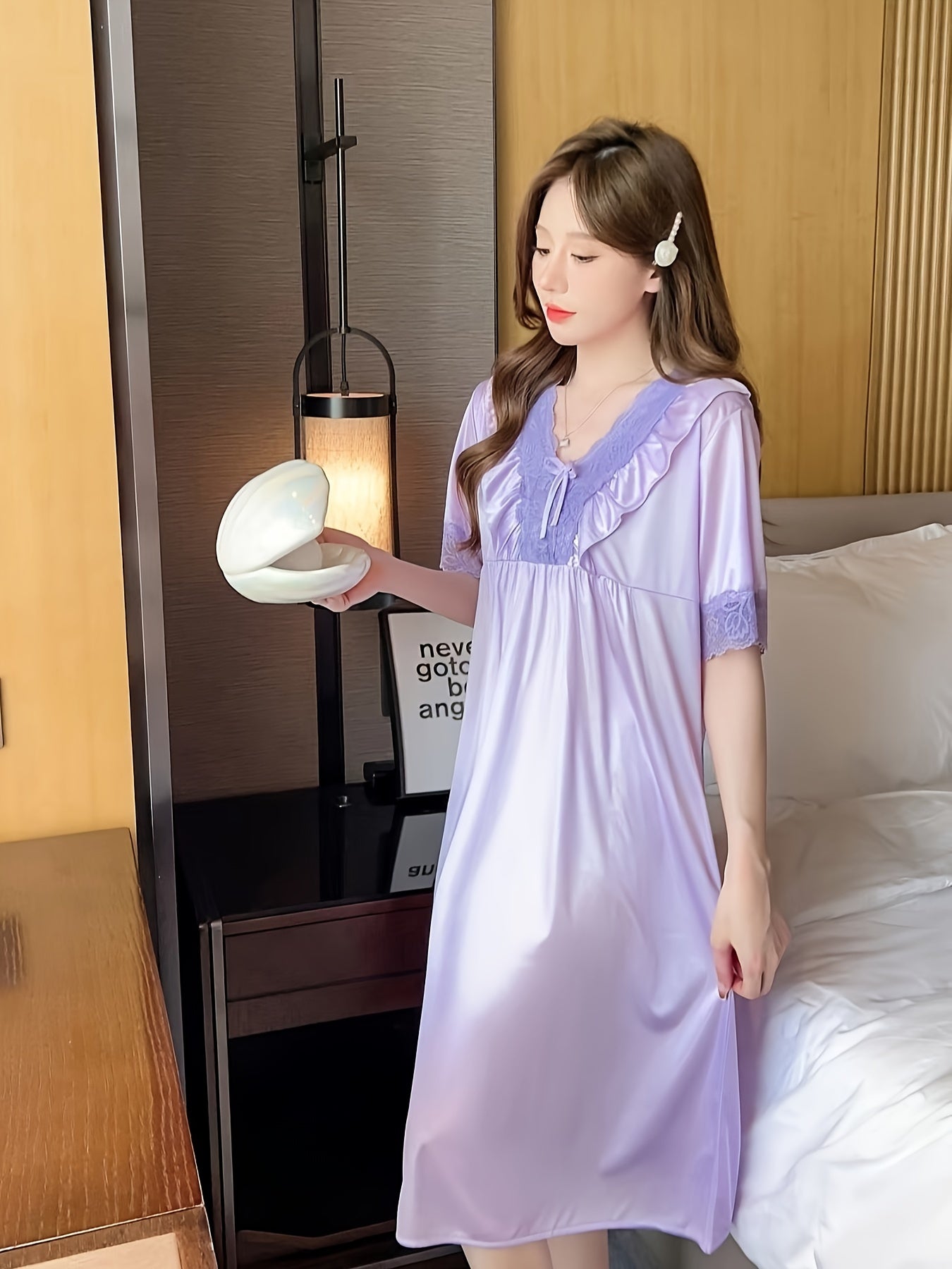 Elegant Ladies Lace V Collar Nightdress with Bowknot Details - Comfortable Short Sleeve Pajamas，Solid Color