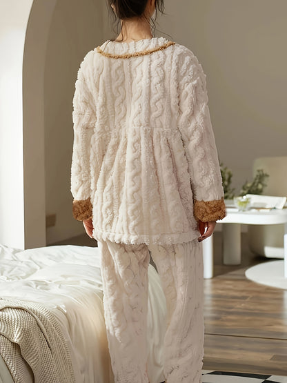 Comfortable Coral Fleece Women's Pajama Suit，Design with Cute Bear and Bow - V Collar，Long Sleeve，Machine Washable - Perfect Choice for Autumn and Winter