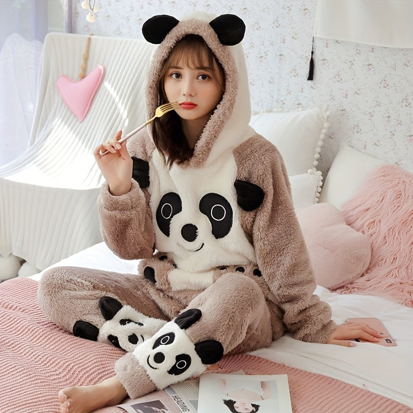 Women's Winter Pajamas Suit，Cute Cartoon Panda Hooded Long Sleeve Top，Embroidered Fluff，Thick Warm Polyester Home Wear，100%Polyester Knitted Fabric，Adult Casual Wear