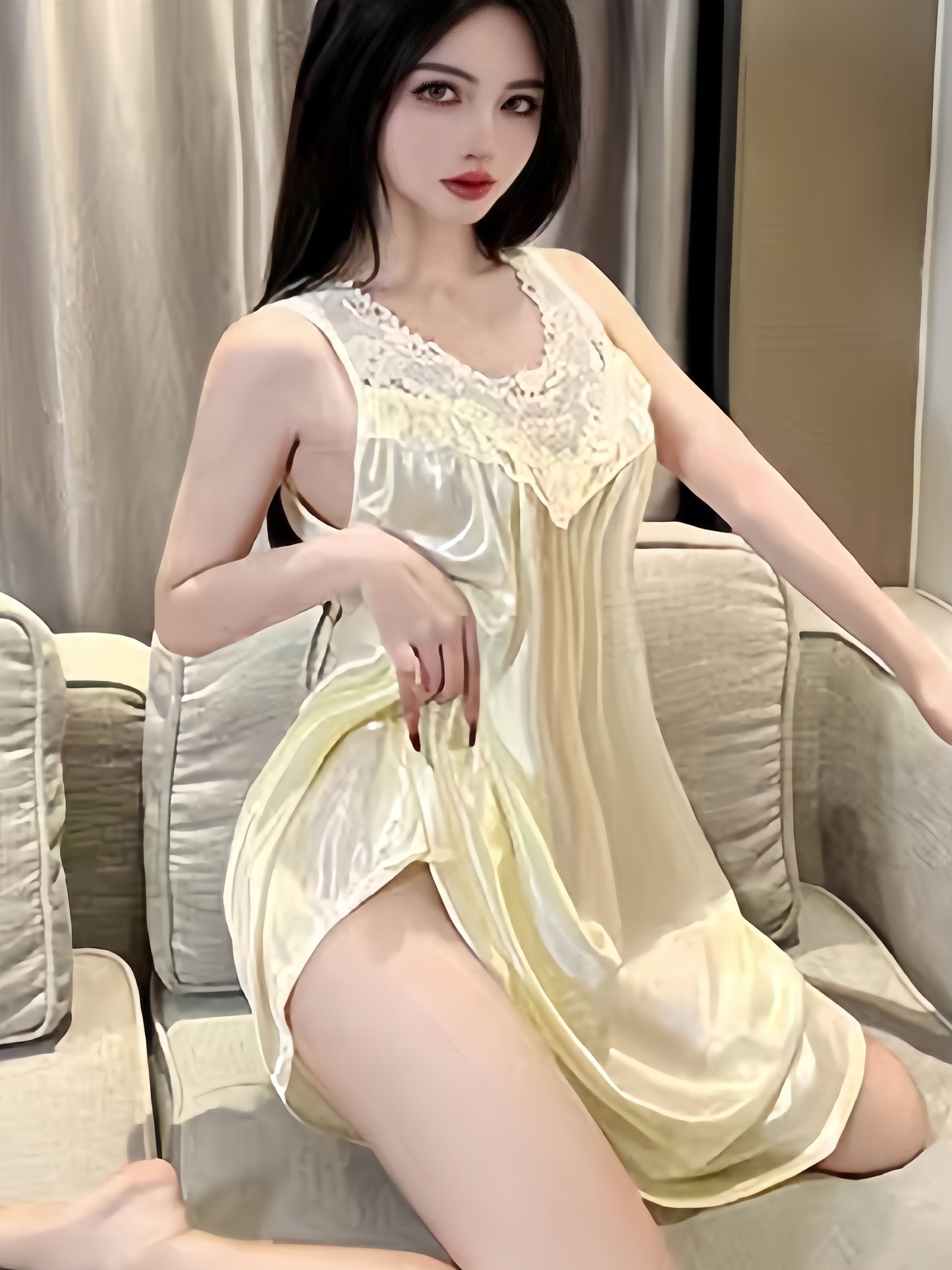 Lady Sexy Solid Color Satin Stitching Lace Pajamas Dress，round Neck Sleeveless Vest Dress，Comfortable Nightgown