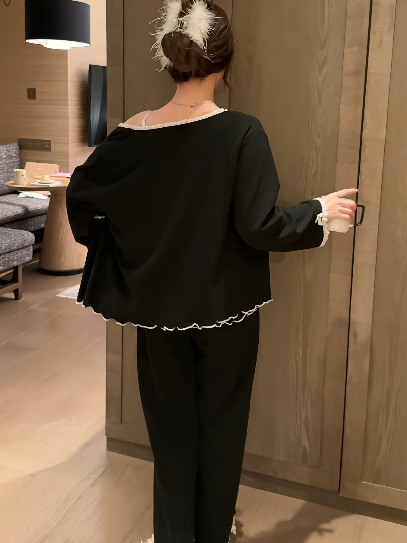 Autumn Winter Thermal Velvet Thick Long-Sleeved Trousers Suspenders Three-Piece Solid Color Lace High-End Home Wear Suit