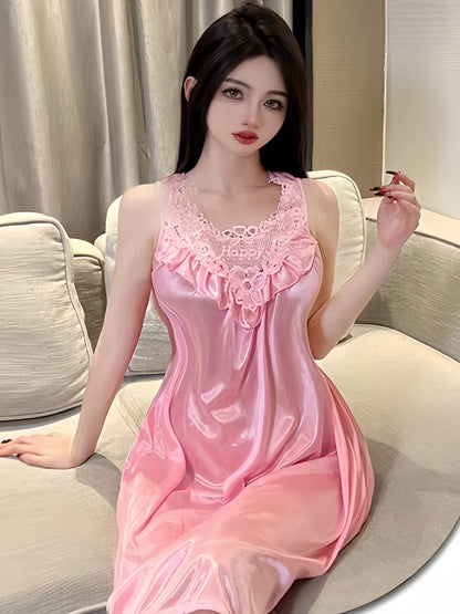 Lady Sexy Solid Color Satin Stitching Lace Pajamas Dress，round Neck Sleeveless Vest Dress，Comfortable Nightgown