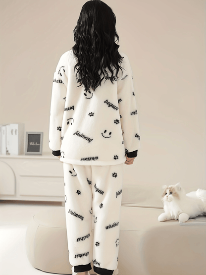 Cozy Cartoon Printed Women's Pajama Suit - Thick fleece V Collar Cardigan and Trousers，Machine Washable