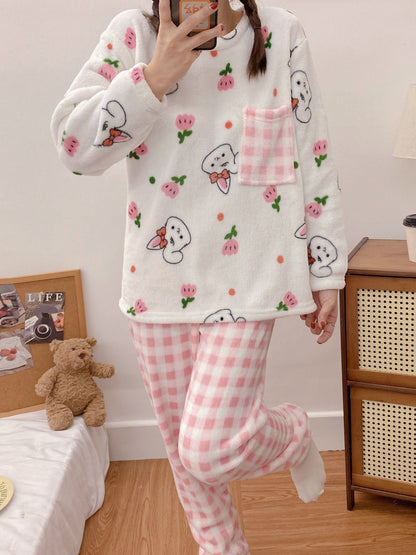 Winter Warm Women's Flannel Pajamas Suit，Cute Bunny Plaid Pattern Casual Homewear Suit