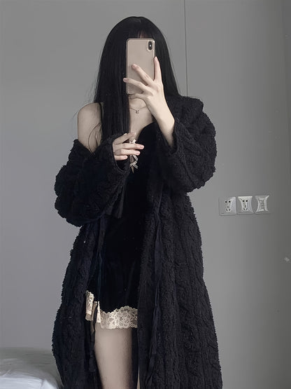 Winter Casual Solid Jacquard Fleece Thickening Nightgown，Long Sleeve Side Knot Hooded Robe，Women's Pajamas and Dress