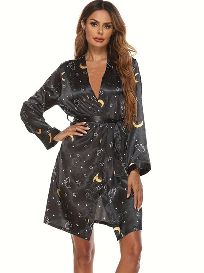 Elegant Women's Tropical Printing Long Sleeve V Collar Bathrobe with Belt