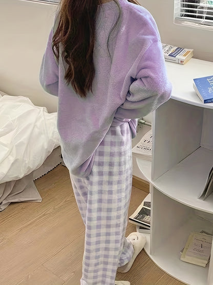 Soft and Warm Pajamas Suit，Comfortable Long-Sleeved Pajamas Top and Plush Plaid Pajama Pants，Ladies' Homewear and Pajamas