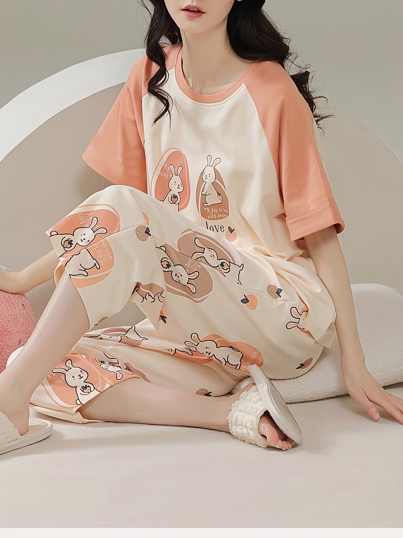 Women's Cartoon Pajamas Suit - Comfortable Polyester Blending，Short Sleeve and Shorts，Round Neck Pullover - Perfect Choice for Summer Home Wear