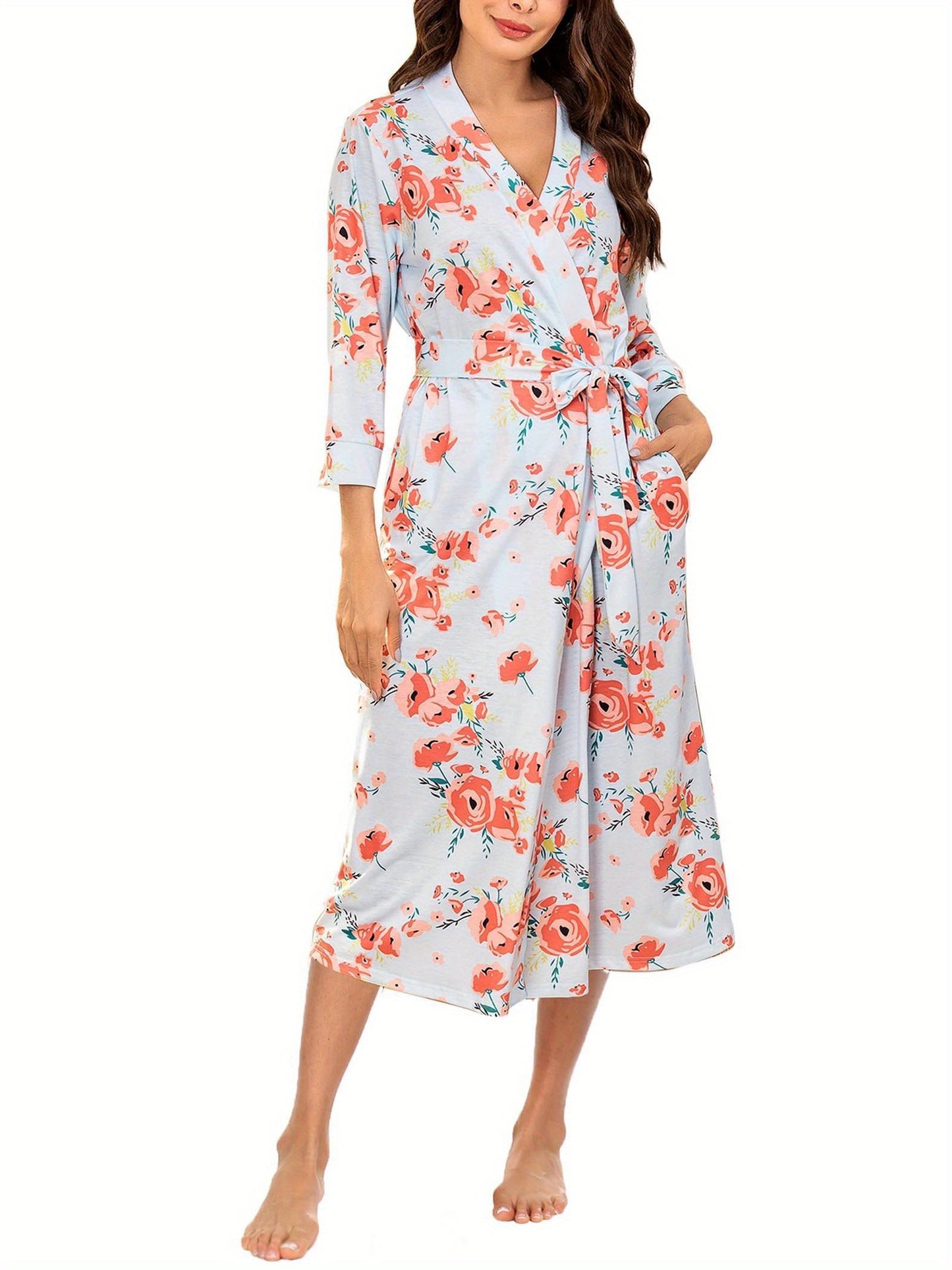 Elegant V Collar Women Bathrobe - Lightweight Viscose Fiber Loungewear Gown，Lace up，Knitted Spa Style，Long Straight Skirt，Suitable for All Seasons3/4Sleeve