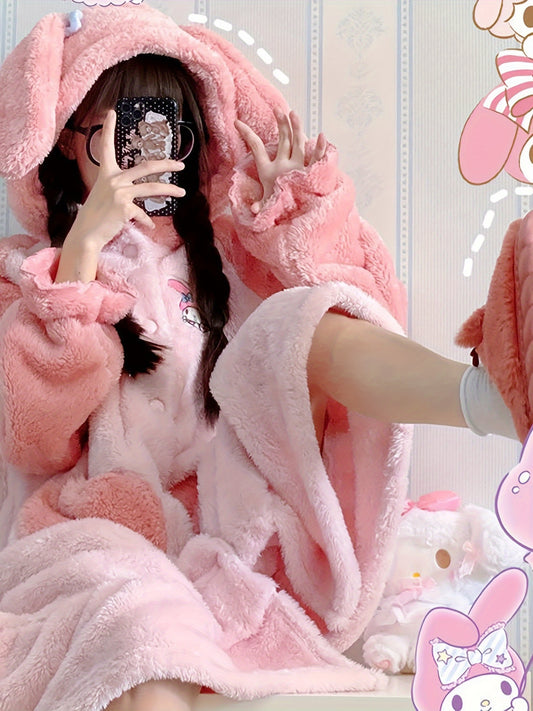 1Genuine Sanrio Melody Ladies' Robe Cute Bathrobe Hooded Plush Pajamas with Kawaii Pattern and Pants Suit Coral Fleece Warm Nightgown Thick Soft Plush Comfortable Shower Bathrobe