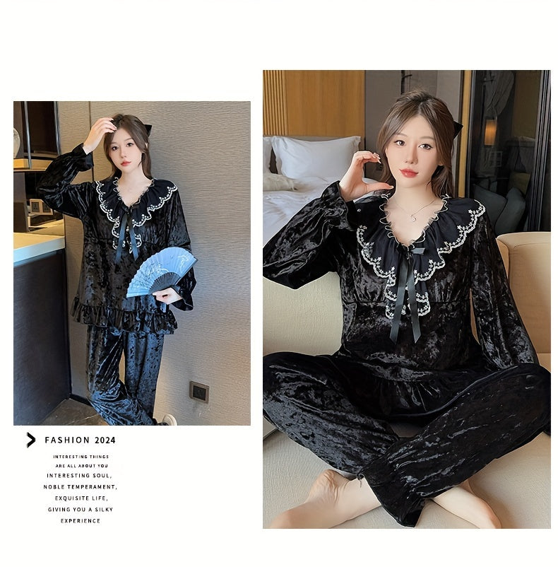 Elegant Velvet Women's Pajama Suit，Lace Trim & Removable Chest Pad - V Collar，Long Sleeve，Ruffled Hem - Spring, Autumn and Winter Perfect Choice