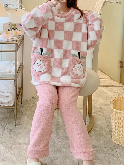 Women's Coral Velvet Pajamas Suit，Pink Plaid，Warm Long Sleeves，Loose design，Adult Pajamas，No Belt，Knitted Fabric，Home Leisure Clothing