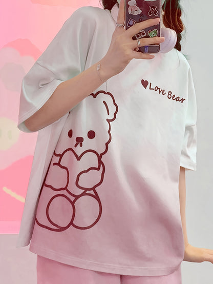 Cute Little Bear and Letter Print Gradient Loose Design Pajamas Suit，Short Sleeve round Neck Top and Elastic Shorts，Women's Pajamas