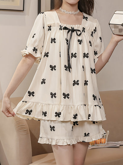 Bow Print Ribbed Frill Decorative Pajamas Suit，Sweet Puff Sleeve Bow Square Collar Top and Elastic Shorts，Women's Pajamas