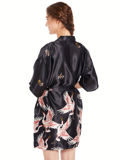 Pajamas Home Dress Arrangement Female Ethnic Crane Spring and Autumn Sexy Short Robe Two-Piece Set