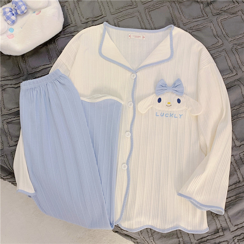 2Pieces Sanrio Women's pajama suit，Sweet Lapel Long Sleeve Top with Bowknot and Embroidered Dog，Solid Color Polyester Knitted Fabric，Trousers，Spring and autumn pajamas