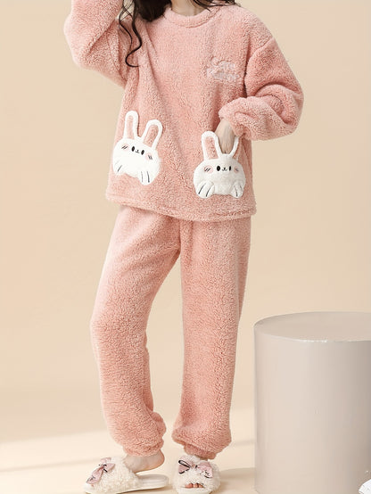 Women's Cute Rabbit Pattern Plush Thick Casual Suit，Long Sleeve Round Neck Top and Pants，Comfortable Loose Design，Suitable for Autumn and Winter