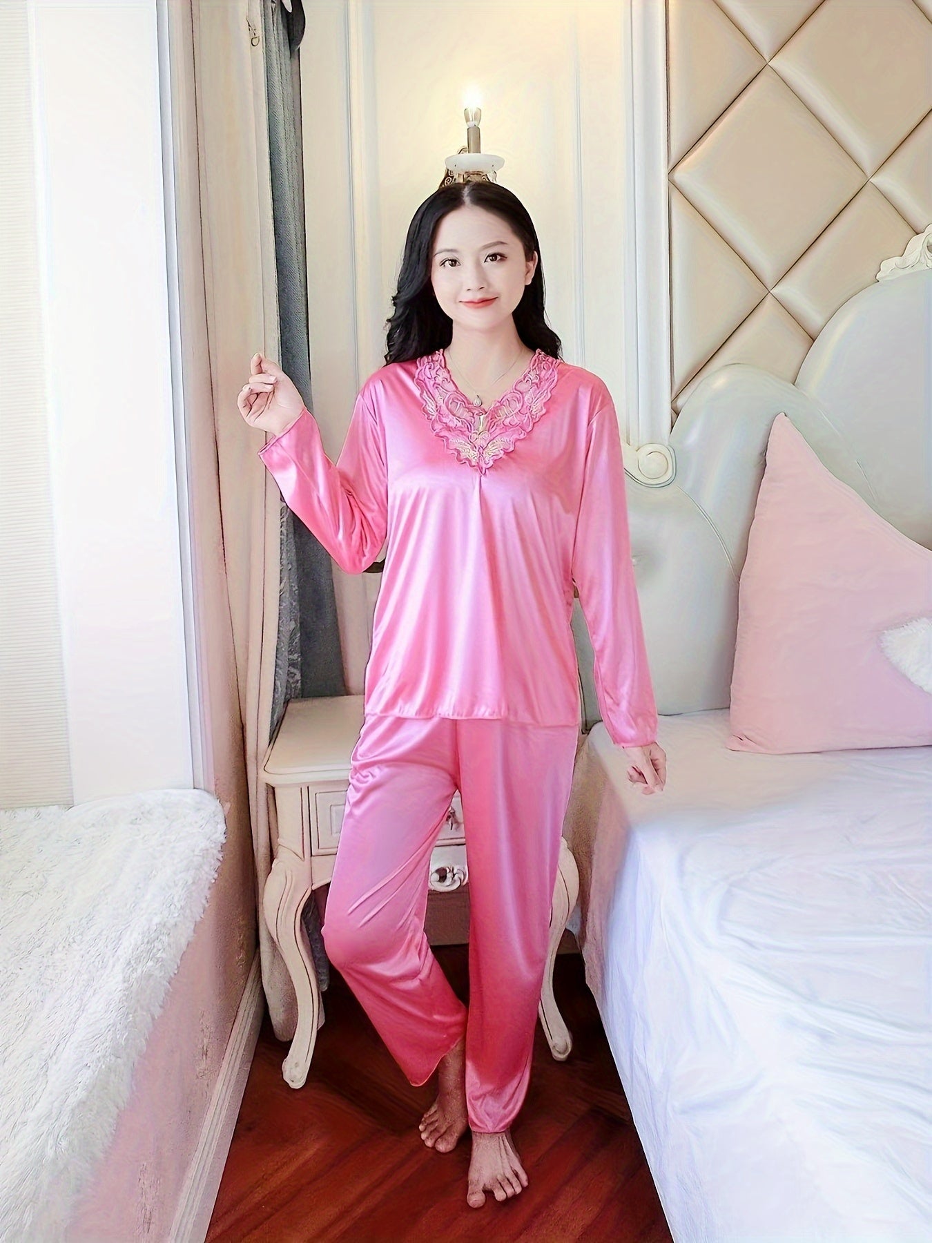 Women's Autumn and Winter Long-Sleeved Lace Satin Pajama Pants Suit，Fashion Comfortable Pajamas Suit，2Pajamas Set，Elegant Style，Autumn and Winter