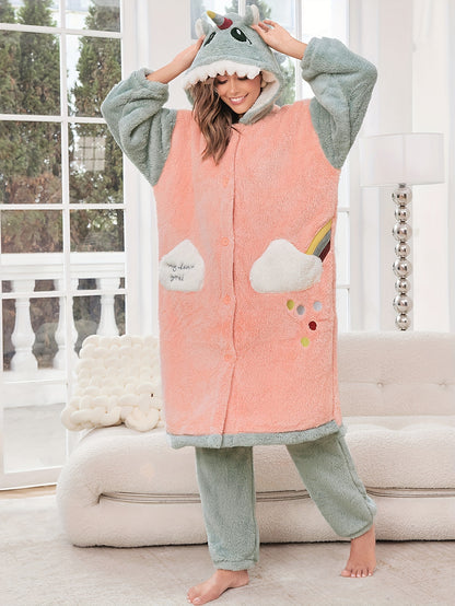 A Set of Hooded Pajamas Themed with Adult Cartoon Characters Suit，Cute Plush Warm Fleece Homewear，Embroidered Long-Sleeved Top and Pants，Comfortable Autumn and Winter Homewear，Knitted polyester fabric - Straight Skirt Style