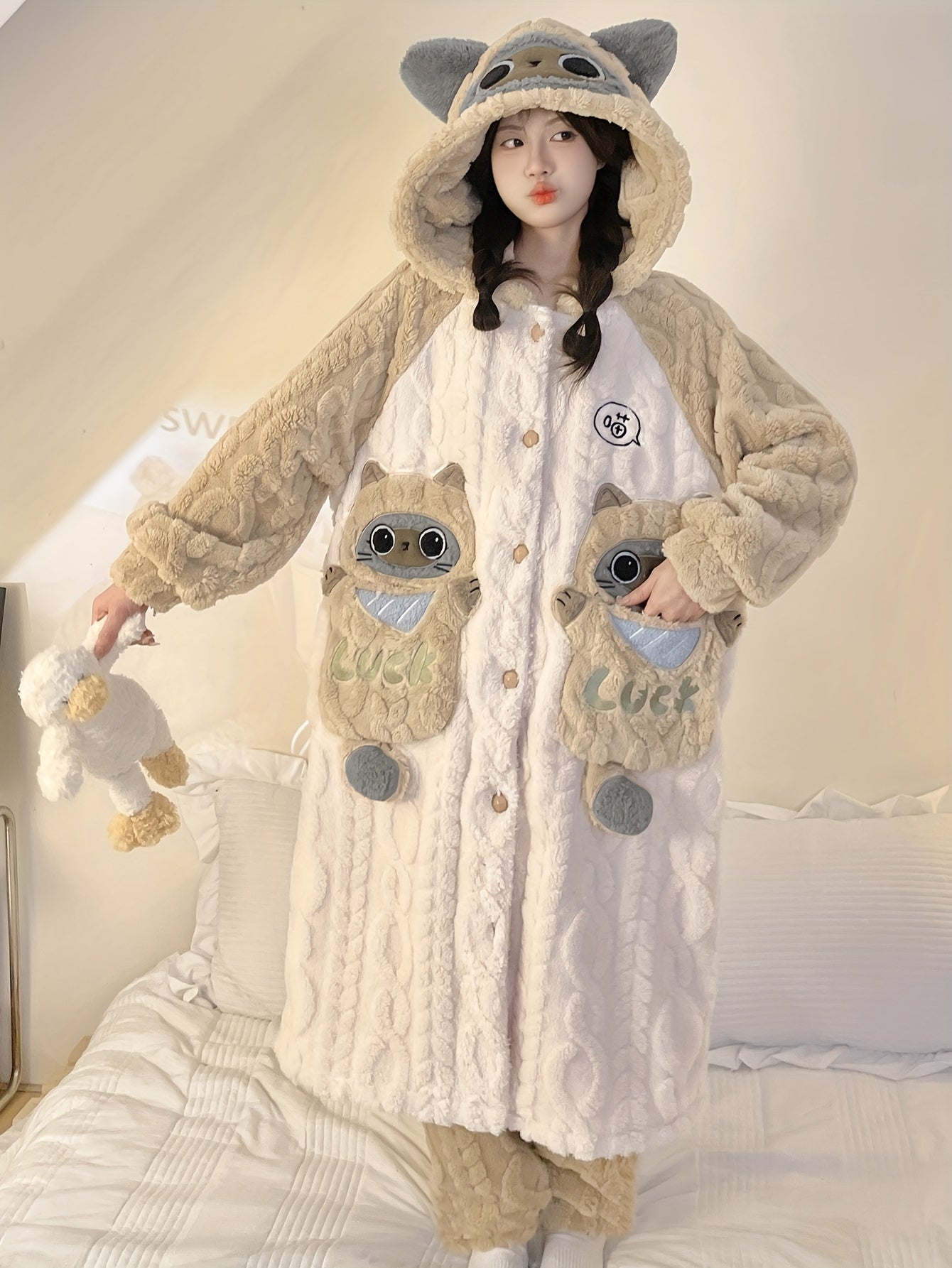 Women's Pajamas Flannel Suit Two-Piece Robe Mid-Length Autumn and Winter Thickening Thermal Long Sleeve Hooded Cartoon Little Fox Cat