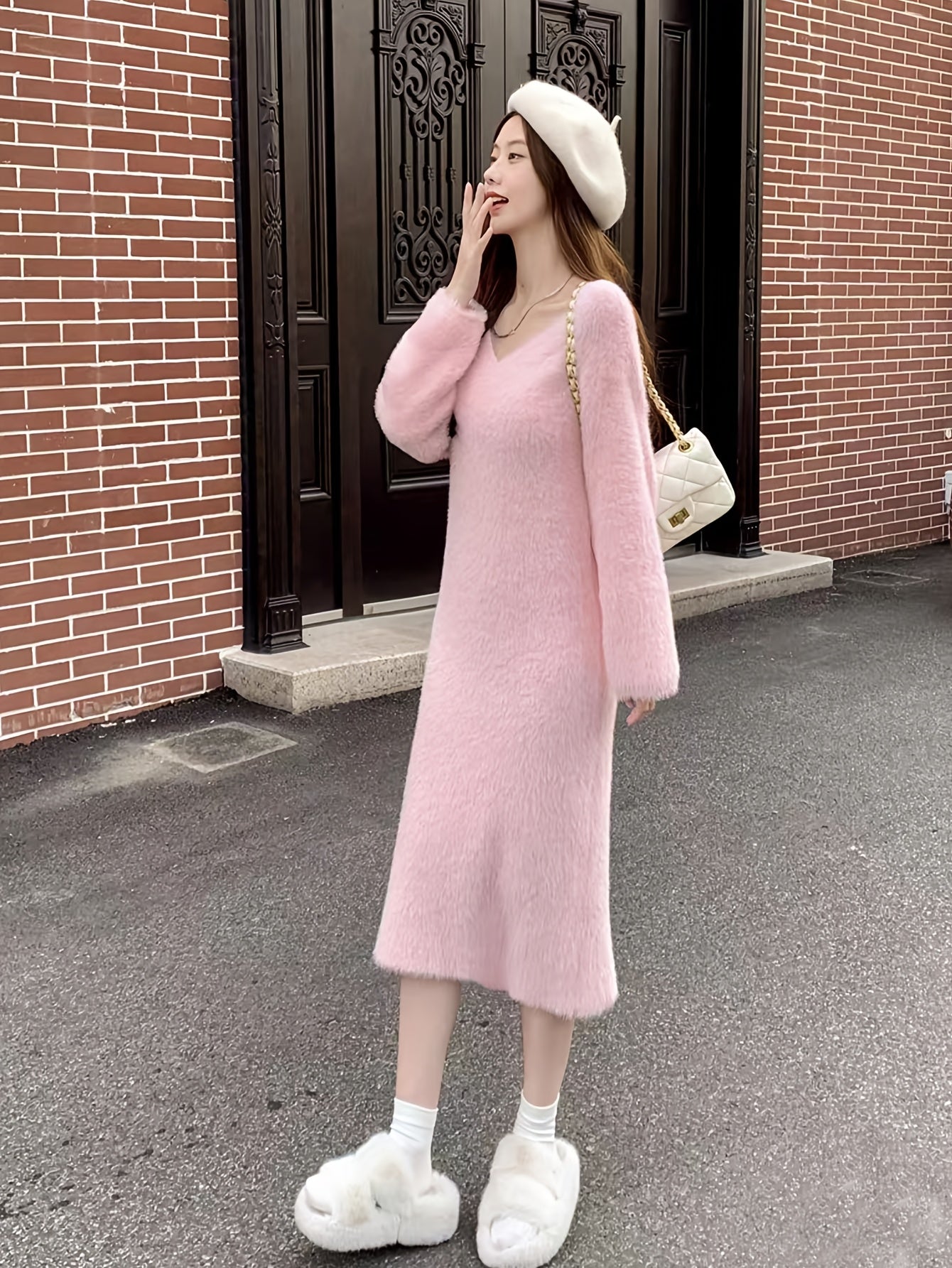 Women's Bohemian Style V Collar Solid Color Polyester Robe - Soft and Warm Autumn and Winter Fake Mink Knitted Sweater，Loose plus Size，Universal Inner Layer，Nifty Pink Nightgown Pajamas