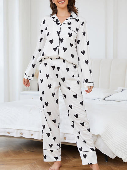 Fashion Women's Heart Shape Printed Pajamas Suit - Long Sleeve Button Top and Elastic Belt Pants，Four Seasons Comfortable Polyester Pajamas