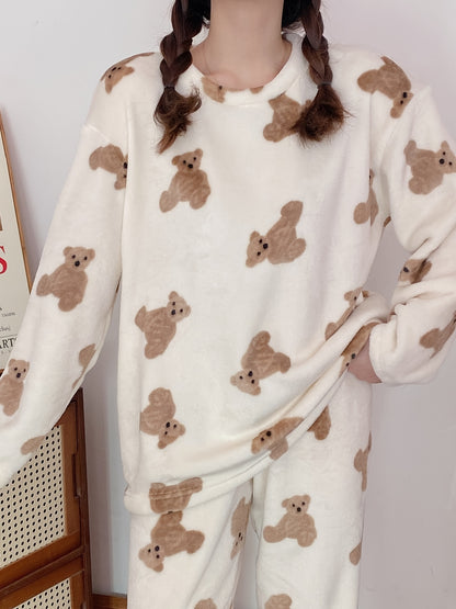 Cute Teddy Bear Printed Pajamas Suit，Comfortable Long Sleeve round Neck Flannel Top and Pants，Women's Pajamas