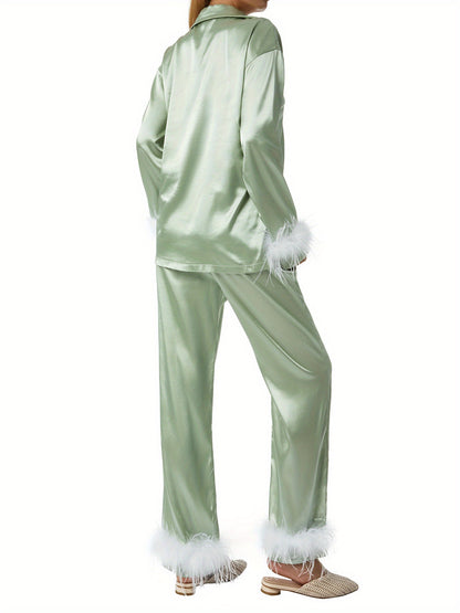 Women's Luxury Satin Pajamas Suit，with Feather Details - Long Sleeve Button Top and Elastic Belt Pants，Four Seasons Comfortable Pajamas