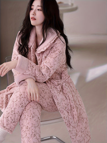 An Elegant Set of Women's Pajamas Suit - Polyester Knitted Fabric Suitable for All Seasons，Long Sleeve V Collar Top with Shorts，Solid Color Design Buckle Details，Comfortable Iceland Velvet Thick Warm Home Wear