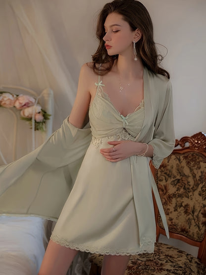 Autumn Winter Sexy Women's Pajama Suit，Thin Lace Hollow，Pure Desire Tank Top Nightdress，Bathrobe Two-Piece Set