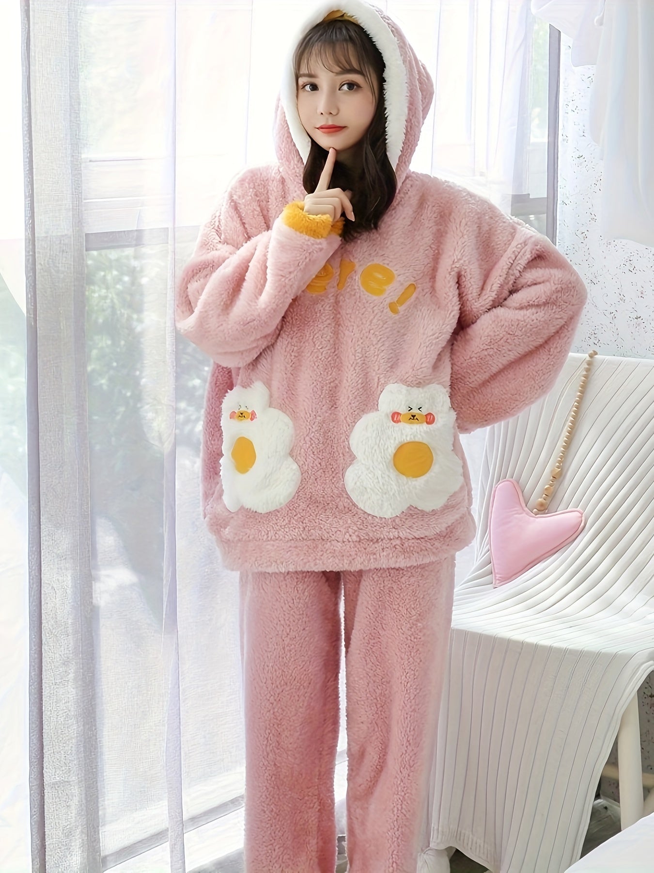 Women's Winter Furry Lamb Fur Oversized Hooded Pajamas Suit，with Cute Cartoon Letters，Comfortable and Warm Adult Homewear