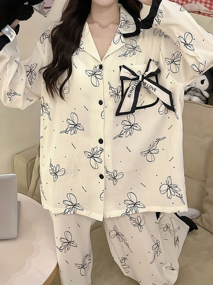 Women's Long-Sleeved Pajamas Suit，Containing Chest Pad，Casual Polyester Fiber Stretch Home Wear，Opaque Printing Design，Button Details - Suitable for All Seasons