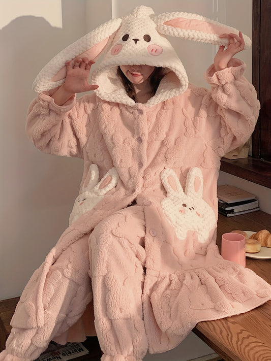 Women's Cute Cartoon Rabbit Jacquard Plush Thick Pajamas Suit，Long Sleeve Button Hooded Robe and Pants，Comfort and Casual Version，Suitable for Autumn and Winter