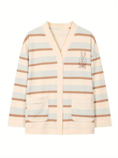 Homewear Suit、Pajamas Suit、Cardigan Design、Wearable Pajamas Suit、Striped Pajamas Suit-Women's pajama suit