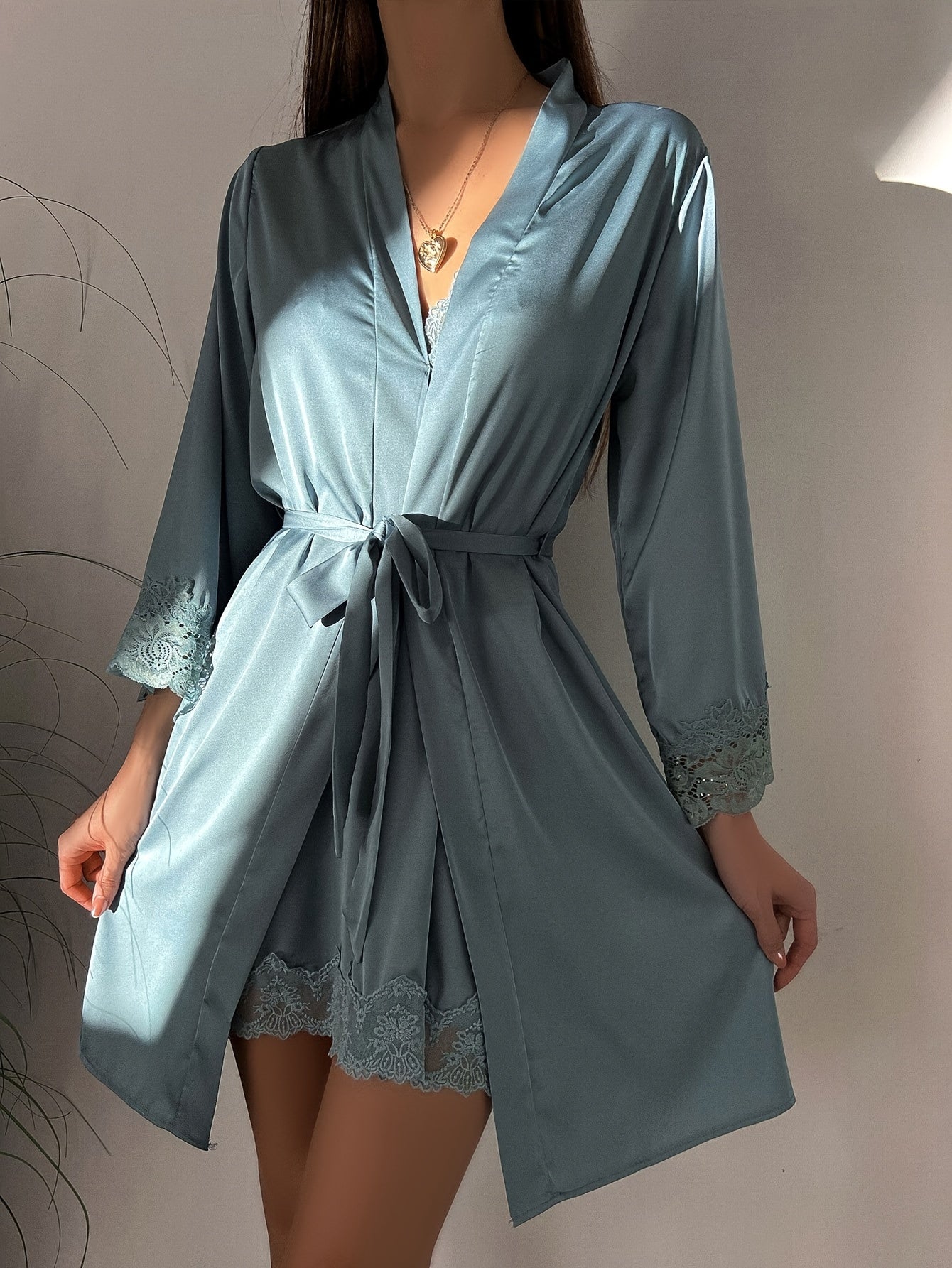 Sexy Solid Color Contrast Color Lace Pajamas Suit，Long Sleeve with Belt Bathrobe and V Collar Suspender Dress，Women's Pajamas