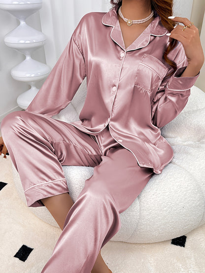 Women's Elegant Silk-like Long-Sleeved Pajamas Suit，Comfortable Solid Color Homewear，Suitable for Autumn and Winter，Casual Style