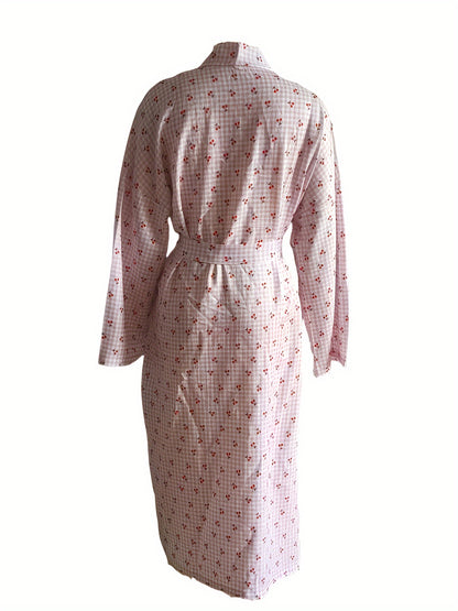 Dream night，Elegant Women's Long Pajamas - V Collar，Floral Printed Tape Lace-up Details，Machine Washable - Perfect Choice for Spring and Autumn