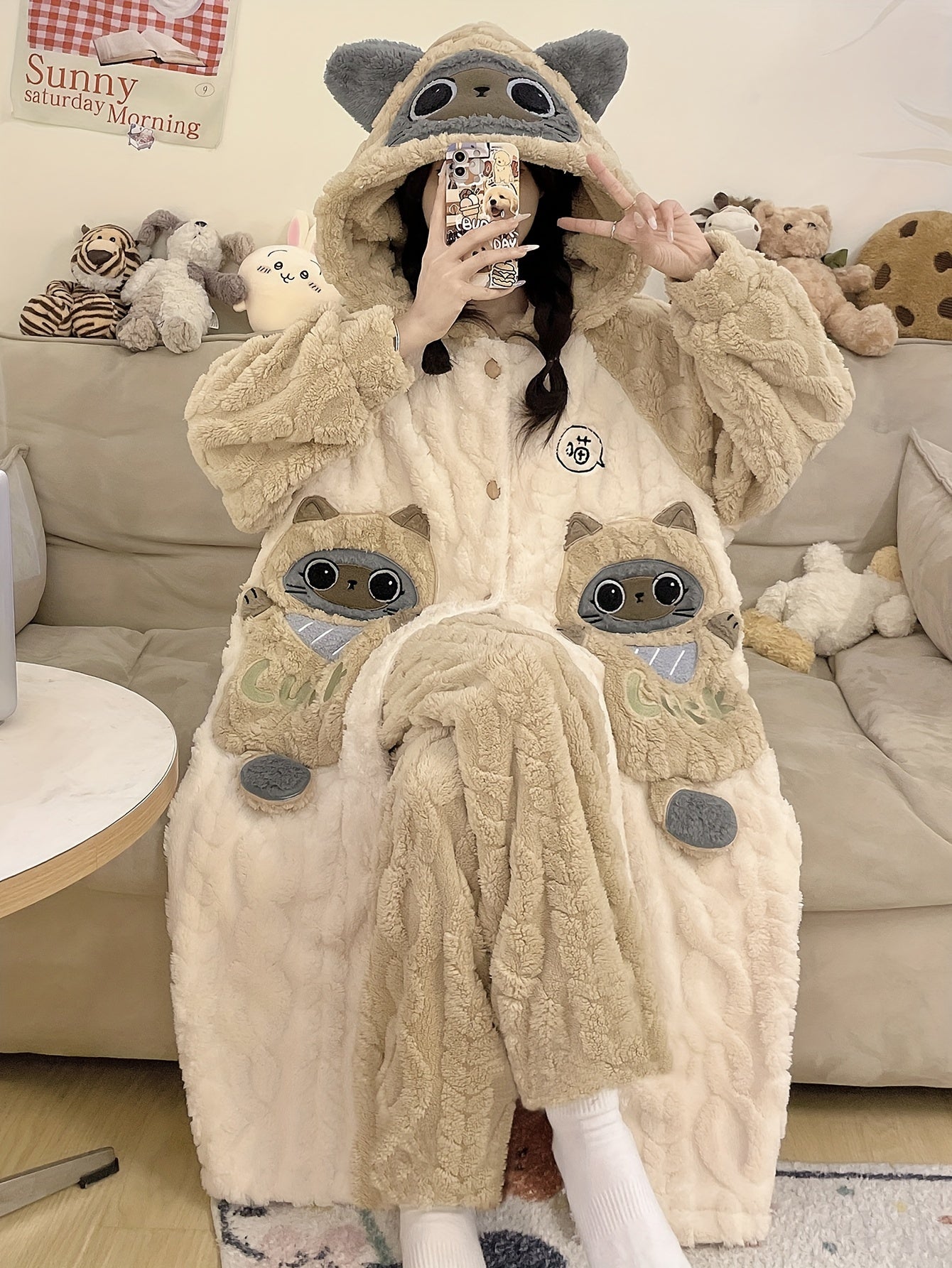 Women's Pajamas Flannel Suit Two-Piece Robe Mid-Length Autumn and Winter Thickening Thermal Long Sleeve Hooded Cartoon Little Fox Cat