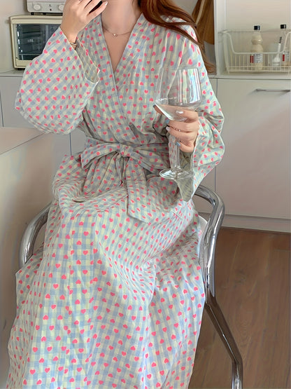 Large Size Elegant Women's Pajamas，Heart-Shaped and Plaid Printed Long Sleeves V Collar Loose Robe，with Belt，Spring and Summer，Homewear，Bathrobe