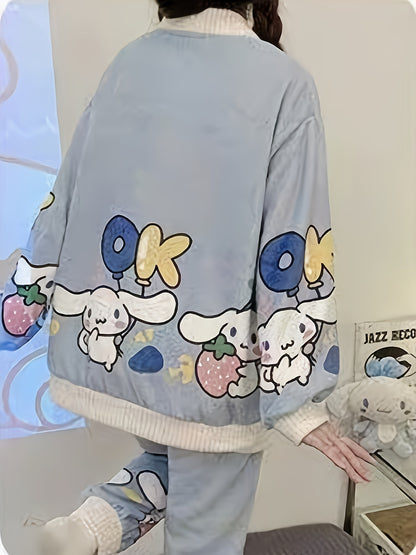 2 Set of Sanrio Authorized Cartoon Pattern Long-Sleeved Pajamas Suit，Thick Warm Loungewear，Sweet Cute Pajamas，Outerwear Homewear 2 Set