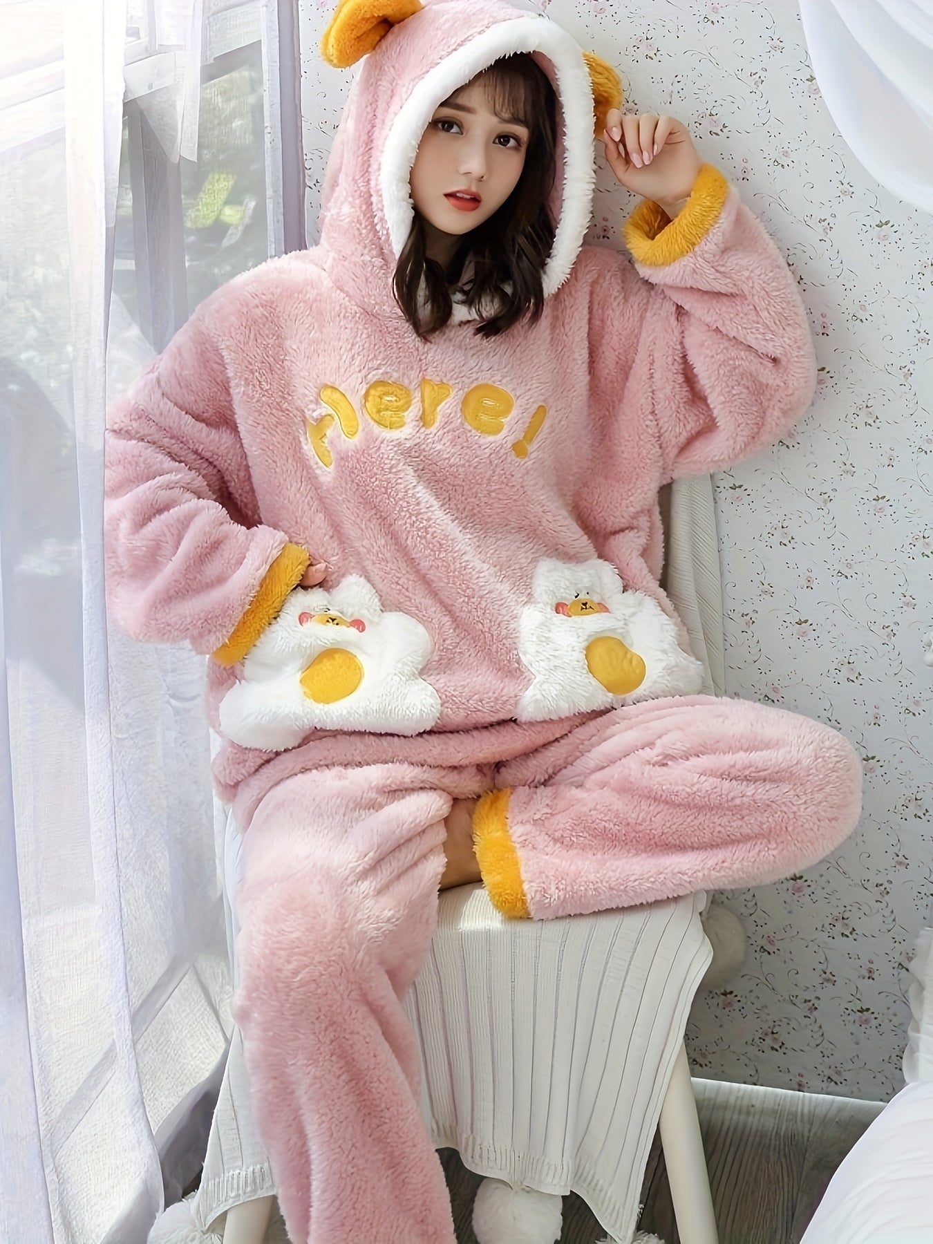 Women's Winter Furry Lamb Fur Oversized Hooded Pajamas Suit，with Cute Cartoon Letters，Comfortable and Warm Adult Homewear