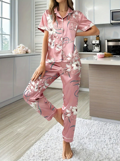 Flower Pattern Pajamas Suit，Short Sleeve Button Top and Elastic Waist Belt Pants，Women's Pajamas and Homewear